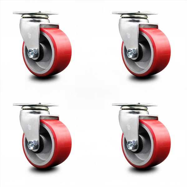 4 Inch Red Poly on Cast Iron Wheel Swivel Caster Set with Ball Bearings SCC